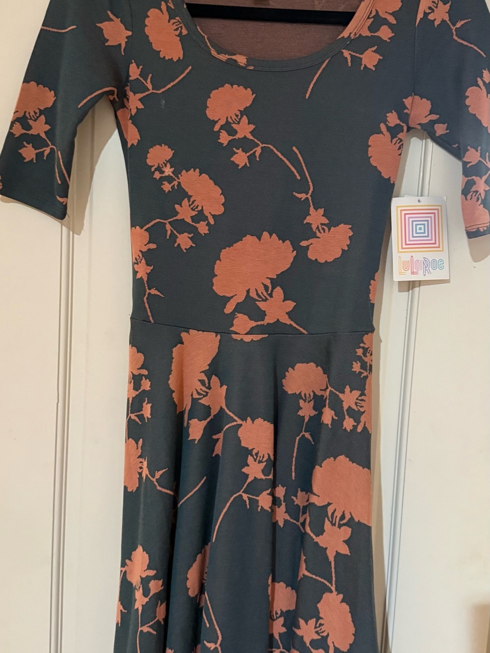 LuLaRoe Nicole Dress in Charcoal with Rust Flower Print